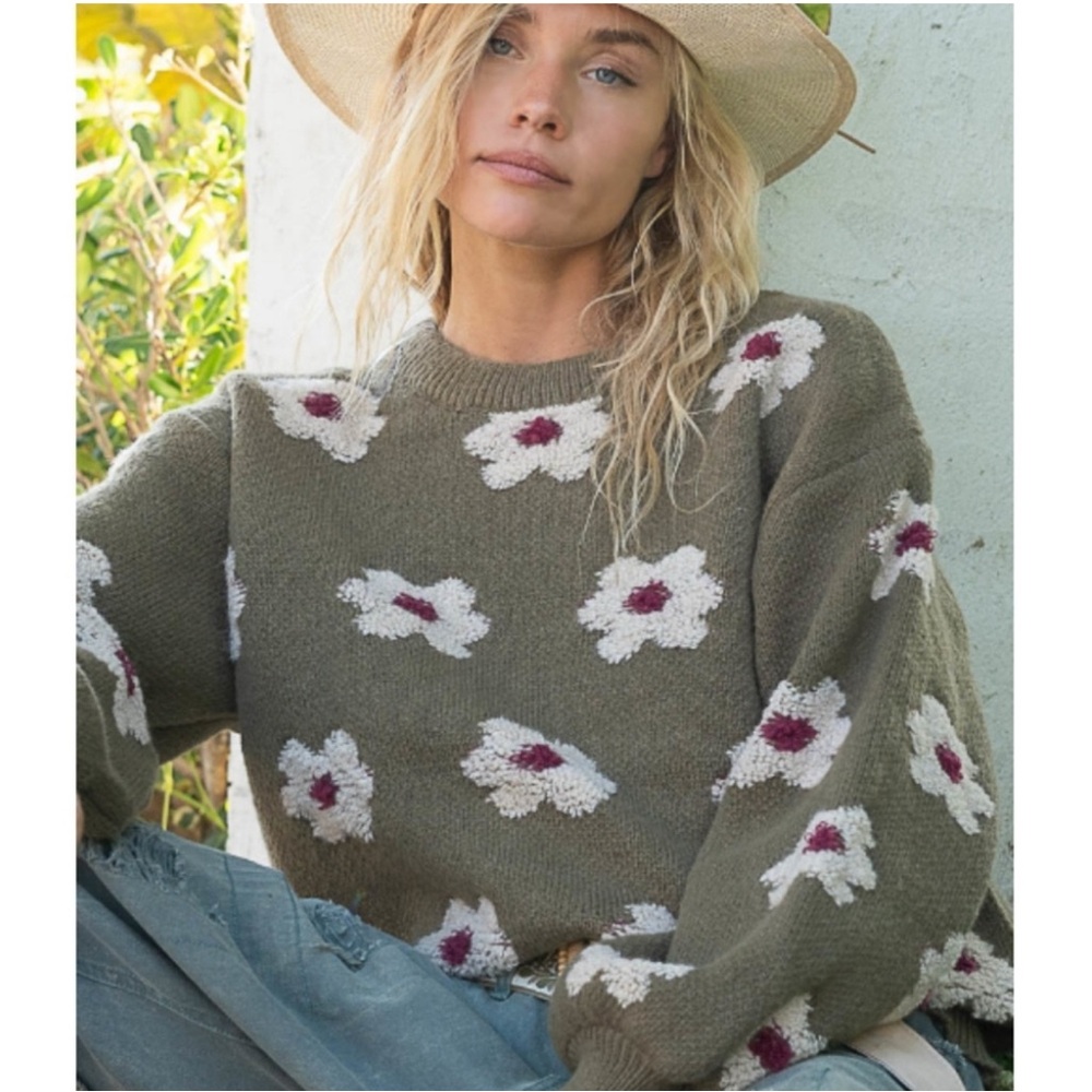 POL Olive Floral Sweater